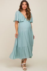 Mint Green Textured Stripe Deep V-Neck Layered Sleeve Maternity Maxi Dress