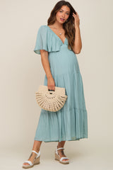 Mint Green Textured Stripe Deep V-Neck Layered Sleeve Maternity Maxi Dress