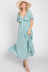 Mint Green Textured Stripe Deep V-Neck Layered Sleeve Maxi Dress