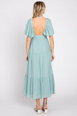 Mint Green Textured Stripe Deep V-Neck Layered Sleeve Maxi Dress