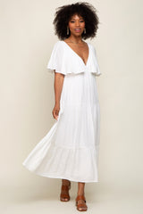 Ivory Textured Stripe Deep V-Neck Layered Sleeve Maxi Dress