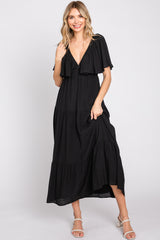 Black Textured Stripe Deep V-Neck Layered Sleeve Maternity Maxi Dress