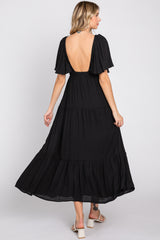 Black Textured Stripe Deep V-Neck Layered Sleeve Maxi Dress