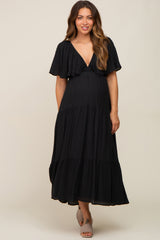 Black Textured Stripe Deep V-Neck Layered Sleeve Maternity Maxi Dress