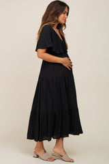 Black Textured Stripe Deep V-Neck Layered Sleeve Maternity Maxi Dress