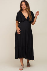 Black Textured Stripe Deep V-Neck Layered Sleeve Maternity Maxi Dress