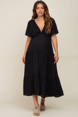 Black Textured Stripe Deep V-Neck Layered Sleeve Maternity Maxi Dress