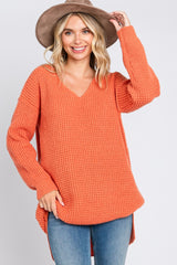 Orange Chunky Knit V-Neck Side Slit Long Sweater