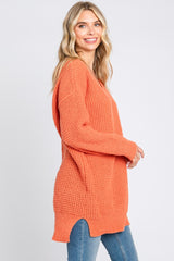 Orange Chunky Knit V-Neck Side Slit Long Sweater