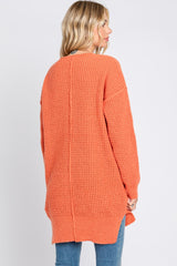 Orange Chunky Knit V-Neck Side Slit Long Sweater