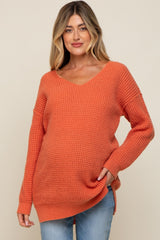 Orange Chunky Knit V-Neck Side Slit Long Maternity Sweater