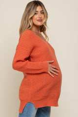 Orange Chunky Knit V-Neck Side Slit Long Maternity Sweater