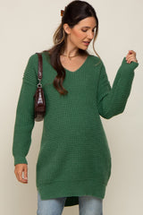 Forest Green Chunky Knit V-Neck Side Slit Long Maternity Sweater