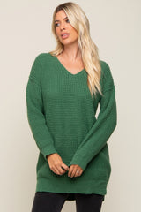 Forest Green Chunky Knit V-Neck Side Slit Long Maternity Sweater