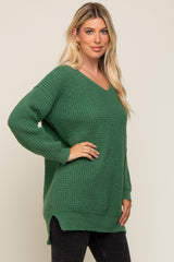 Forest Green Chunky Knit V-Neck Side Slit Long Sweater