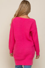 Fuchsia Chunky Knit V-Neck Side Slit Long Maternity Sweater