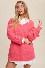 Fuchsia Chunky Knit V-Neck Side Slit Long Maternity Sweater