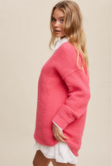 Fuchsia Chunky Knit V-Neck Side Slit Long Sweater