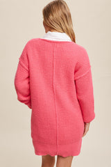 Fuchsia Chunky Knit V-Neck Side Slit Long Sweater