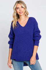 Purple Chunky Knit V-Neck Side Slit Long Maternity Sweater