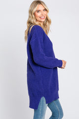 Purple Chunky Knit V-Neck Side Slit Long Sweater