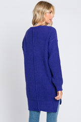 Purple Chunky Knit V-Neck Side Slit Long Sweater