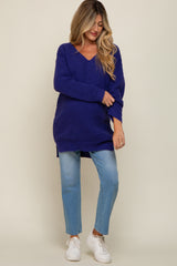 Purple Chunky Knit V-Neck Side Slit Long Maternity Sweater