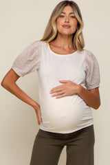 Beige Crochet Short Sleeve Maternity Top