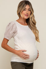 Beige Crochet Short Sleeve Maternity Top