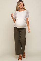 Beige Crochet Short Sleeve Maternity Top