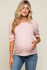 Light Pink Puff Sleeve Waffle Knit Maternity Top