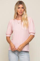 Light Pink Puff Sleeve Waffle Knit Top