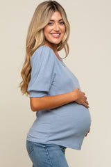 Blue Puff Sleeve Waffle Knit Maternity Top