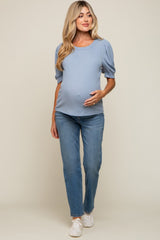 Blue Puff Sleeve Waffle Knit Maternity Top