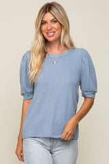 Blue Puff Sleeve Waffle Knit Top