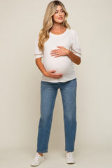 Ivory Puff Sleeve Waffle Knit Maternity Top