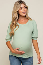 Light Olive Puff Sleeve Waffle Knit Maternity Top