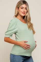 Light Olive Puff Sleeve Waffle Knit Maternity Top