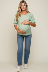 Light Olive Puff Sleeve Waffle Knit Maternity Top