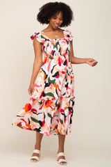 Ivory Floral Smocked Ruffle Tier Midi Dress