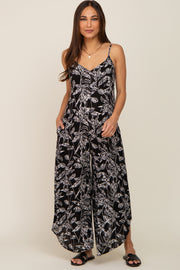 Black Leaf Print Round Hem Back Tie Maternity Jumpsuit