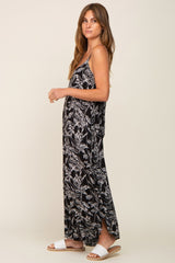 Black Leaf Print Round Hem Back Tie Jumpsuit