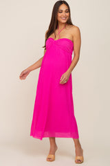 Fuchsia Pleated Cross Front Halter Maternity Midi Dress