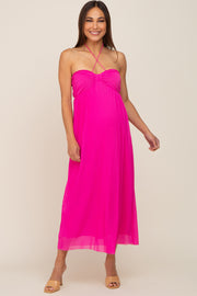 Fuchsia Pleated Cross Front Halter Maternity Midi Dress