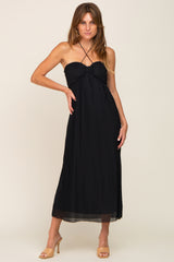 Black Pleated Cross Front Halter Maternity Midi Dress