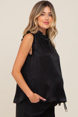 Black Ruffle Mock Neck Sleeveless Satin Maternity Blouse