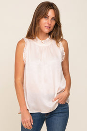 Beige Ruffle Mock Neck Sleeveless Satin Blouse