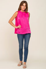 Fuchsia Ruffle Mock Neck Sleeveless Satin Blouse