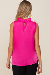 Fuchsia Ruffle Mock Neck Sleeveless Satin Maternity Blouse