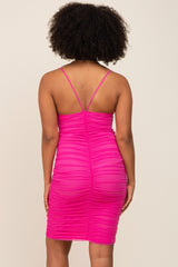 Fuchsia Ruched Mesh Sweetheart Neck Dress